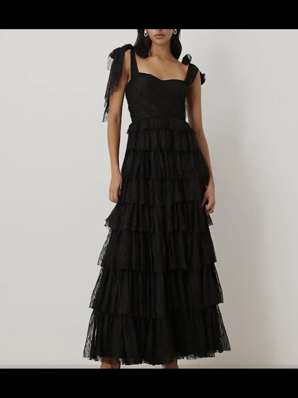 Lace & Beads tulle tiered bow shoulder detailing maxi dress in black